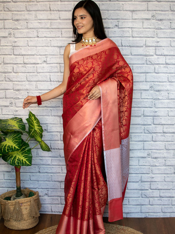 Banarasi Soft Silk Saree With Tanchoi Weaving-Red
