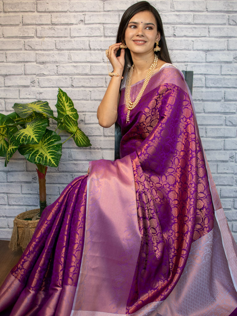 Banarasi Soft Silk Saree With Tanchoi Weaving-Violet
