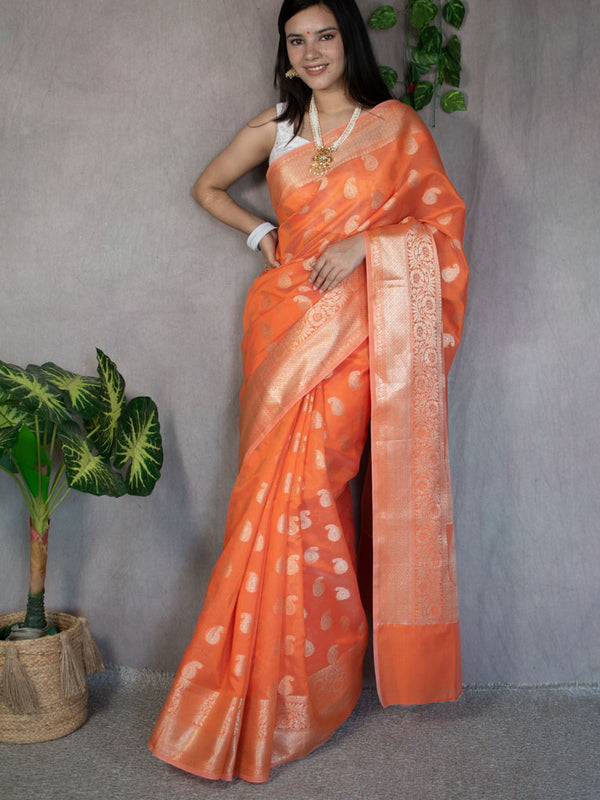 Banarasi Soft Cotton Silk Mix Saree with Paisley Buti-Orange