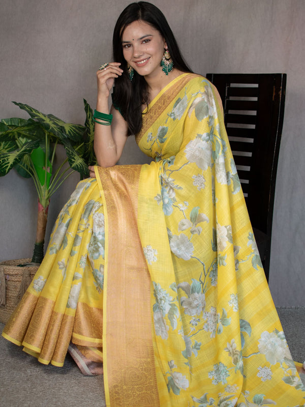 Floral Printed Linen Cotton Saree With Zari Border-Yellow
