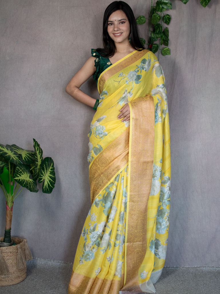 Floral Printed Linen Cotton Saree With Zari Border-Yellow