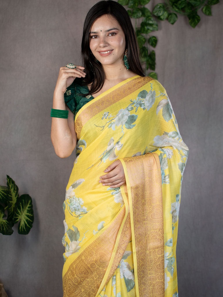 Floral Printed Linen Cotton Saree With Zari Border-Yellow