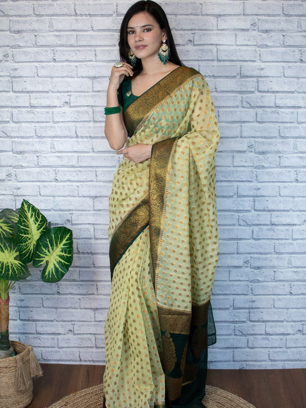 Banarasi Semi Georgette Saree With Antique  Zari Buti Weaving & Border-Green