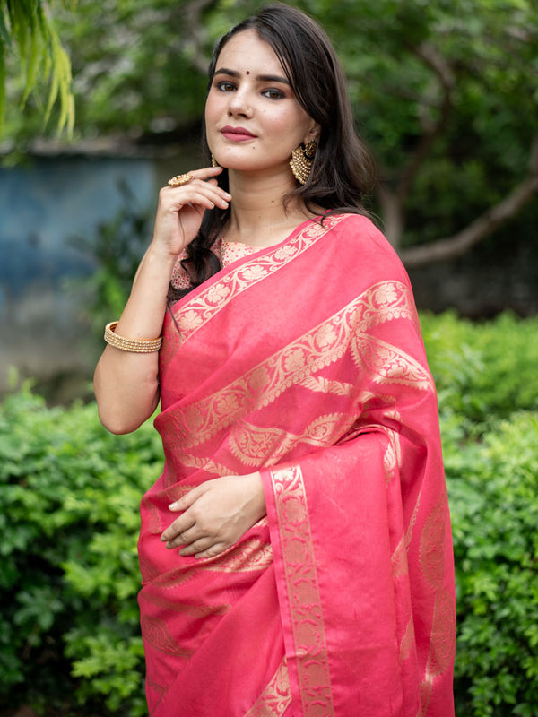 Banarasi Semi Silk Saree Wit Zari Weaving & Plain Satin Border-Peach