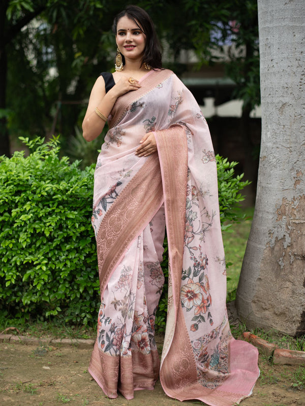 Floral Printed Linen Cotton Saree With Zari Border-Pink