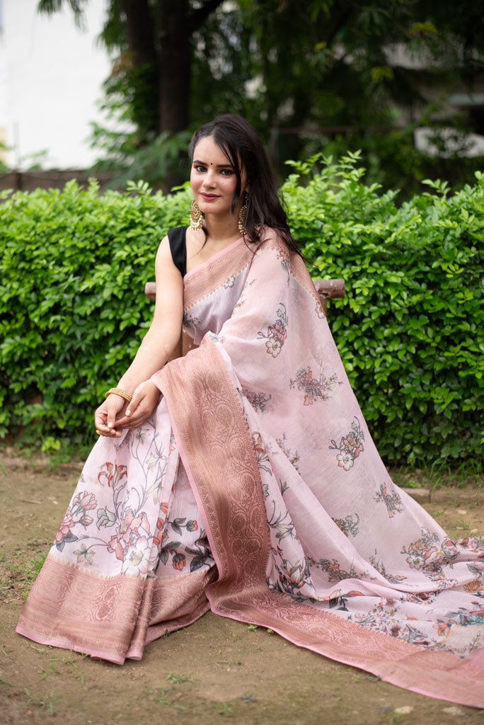 Floral Printed Linen Cotton Saree With Zari Border-Pink