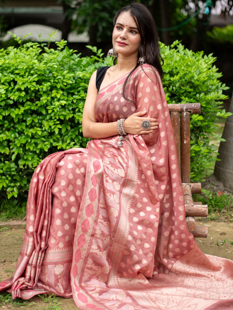 Banarasi Semi Silk Saree Wit Zari Weaving & Plain Satin Border-Pale Pink