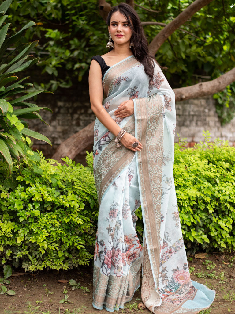 Floral Printed Linen Cotton Saree With Zari Border-Blue