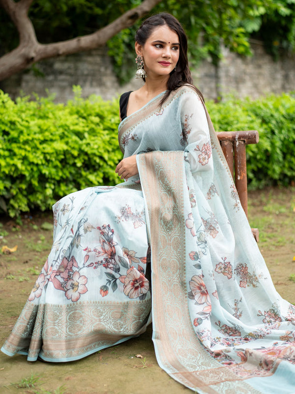 Floral Printed Linen Cotton Saree With Zari Border-Blue
