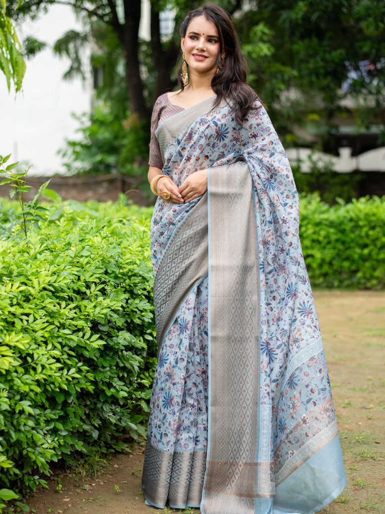 Floral Printed Linen Cotton Saree With Zari Border-Deep Blue