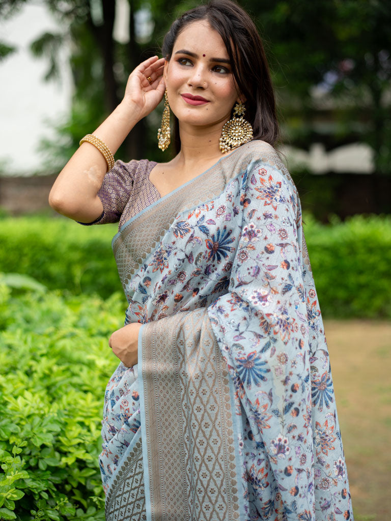 Floral Printed Linen Cotton Saree With Zari Border-Deep Blue