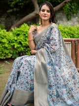Floral Printed Linen Cotton Saree With Zari Border-Deep Blue