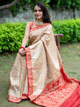 Banarasi Satin Katan Silk Saree With Zari Weaving & Contrast Border-Off White
