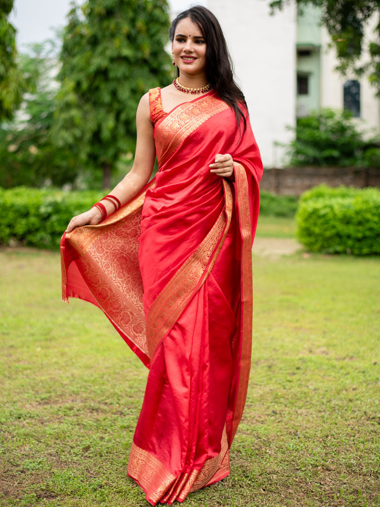 Banarasi Handwoven Plain Pure Dupion Silk Saree-Red