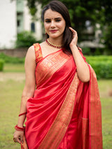 Banarasi Handwoven Plain Pure Dupion Silk Saree-Red