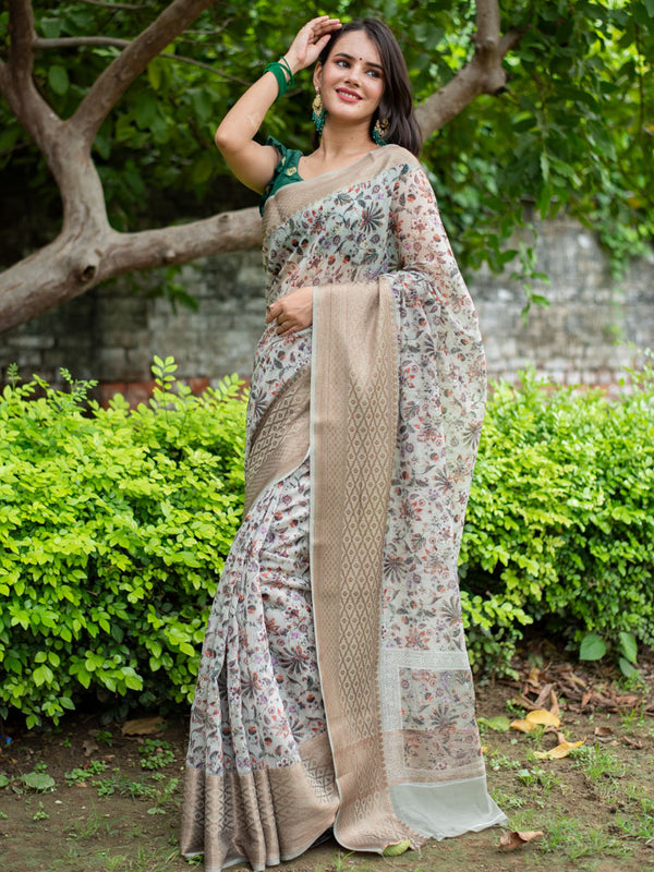 Floral Printed Linen Cotton Saree With Zari Border-Grey