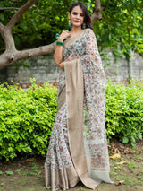 Floral Printed Linen Cotton Saree With Zari Border-Grey