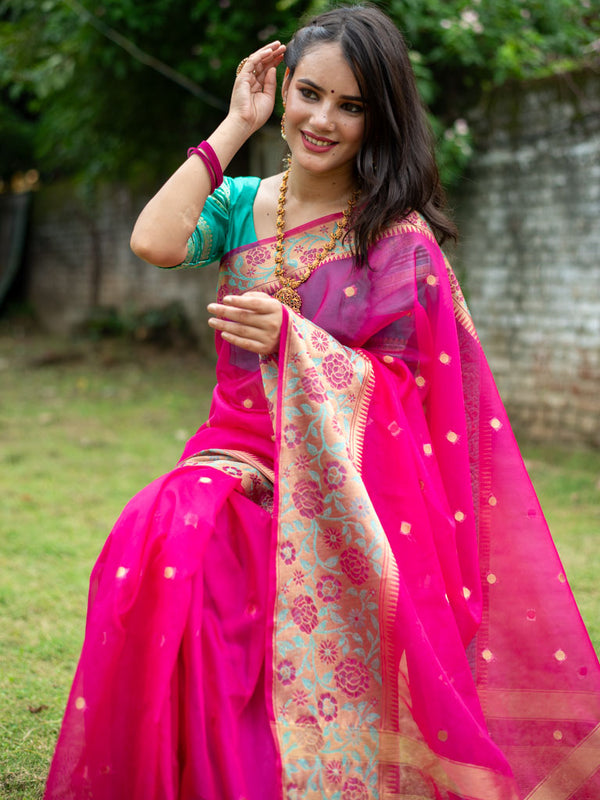 Banarasi Organza Mix Saree With  Zari Buti and Meena Border-Pink