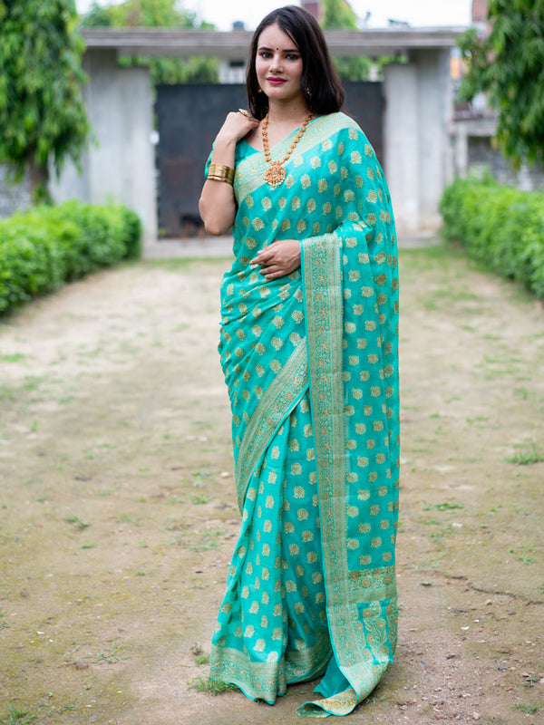 Banarasi Pure Georgette Saree With Antique Zari Floral Weaving-Blue