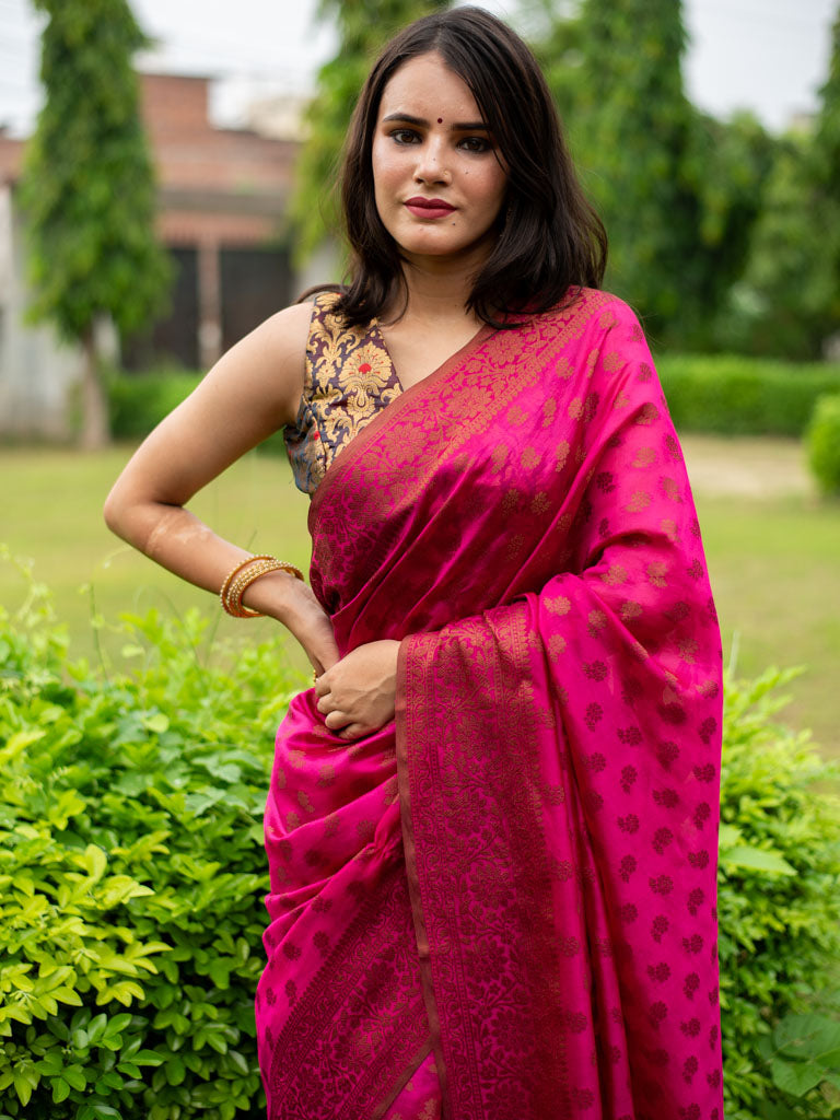 Banarasi Handwoven Plain Pure Dupion Silk Saree With Antique Zari Weaving-Pink
