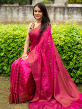 Banarasi Handwoven Plain Pure Dupion Silk Saree With Antique Zari Weaving-Pink