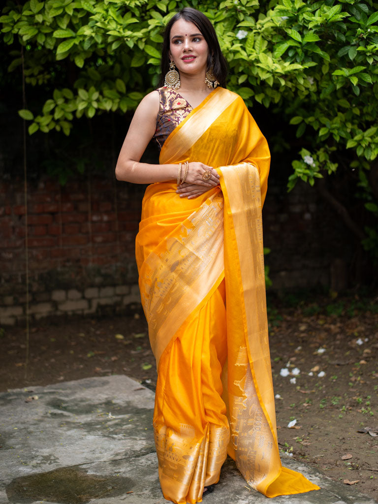 Banarasi Plain Semi Silk Saree With Ganga Ghat Weaving-Yellow