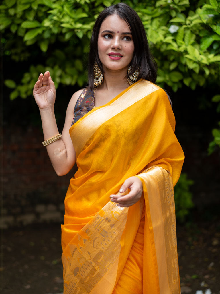 Banarasi Plain Semi Silk Saree With Ganga Ghat Weaving-Yellow