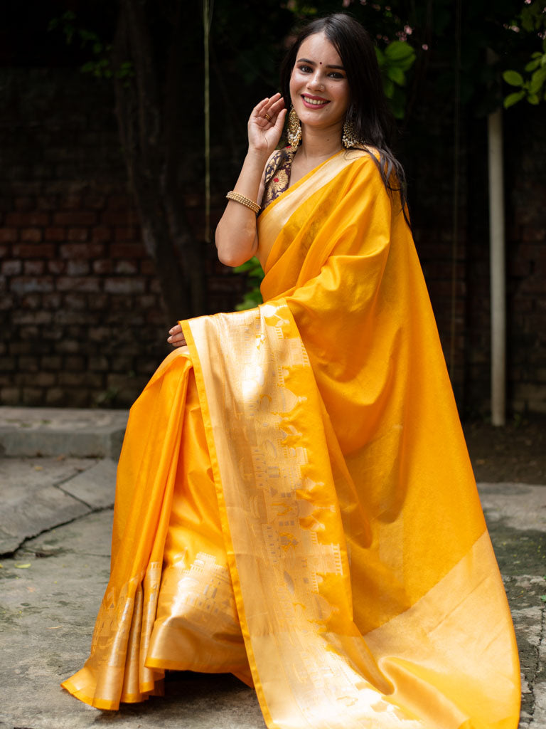 Banarasi Plain Semi Silk Saree With Ganga Ghat Weaving-Yellow