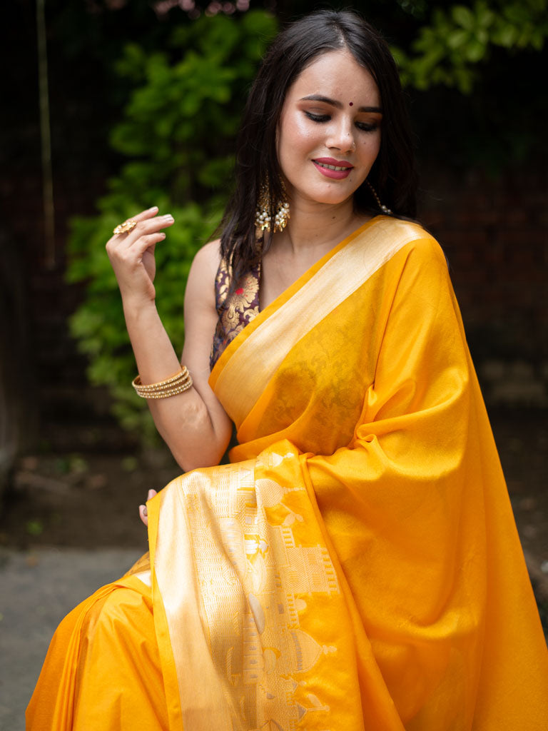 Banarasi Plain Semi Silk Saree With Ganga Ghat Weaving-Yellow