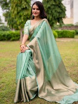 Banarasi Cotton Silk Saree with Plain Skirt Border-Pastel Blue
