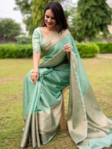 Banarasi Cotton Silk Saree with Plain Skirt Border-Pastel Blue