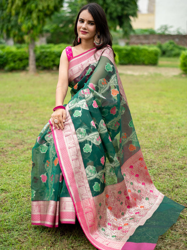 Banarasi Organza Mix Saree With Resham Floral Weaving-Green