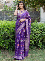Banarasi Cotton Silk Saree With Jaal Zari & Meena Weaving-Purple