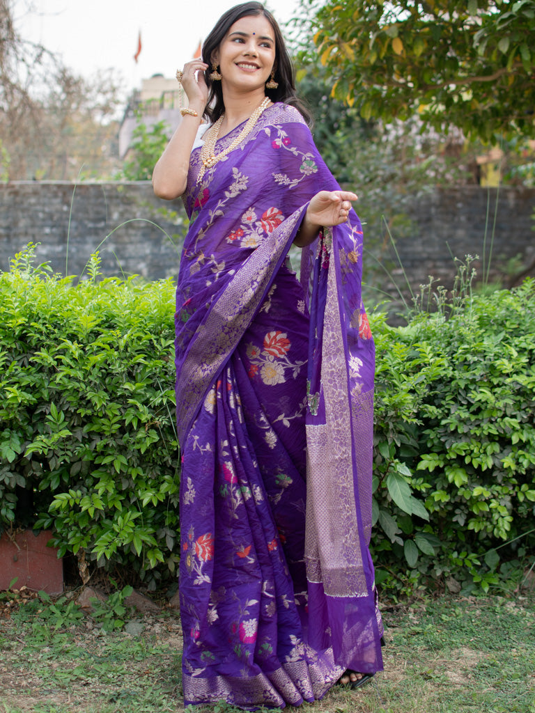 Banarasi Cotton Silk Saree With Jaal Zari & Meena Weaving-Purple