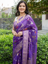Banarasi Cotton Silk Saree With Jaal Zari & Meena Weaving-Purple