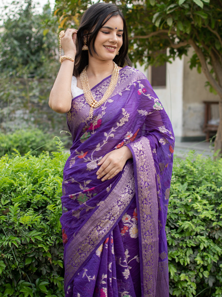 Banarasi Cotton Silk Saree With Jaal Zari & Meena Weaving-Purple