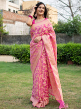 Banarasi Soft Cotton Silk Mix Saree with Jaal Weaving-Pink
