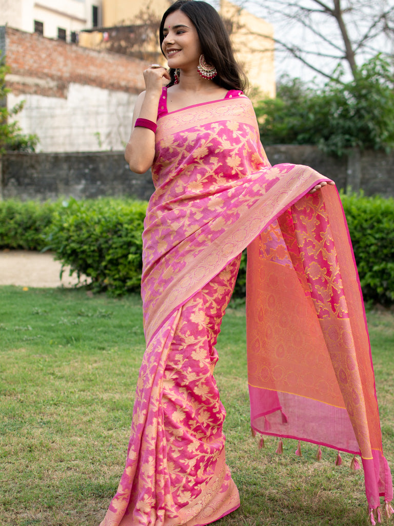 Banarasi Soft Cotton Silk Mix Saree with Jaal Weaving-Pink