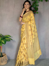 Banarasi Soft Cotton Saree With Resham Buti Weaving-Yellow