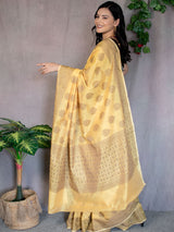 Banarasi Soft Cotton Saree With Resham Buti Weaving-Yellow