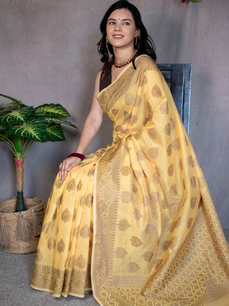 Banarasi Soft Cotton Saree With Resham Buti Weaving-Yellow