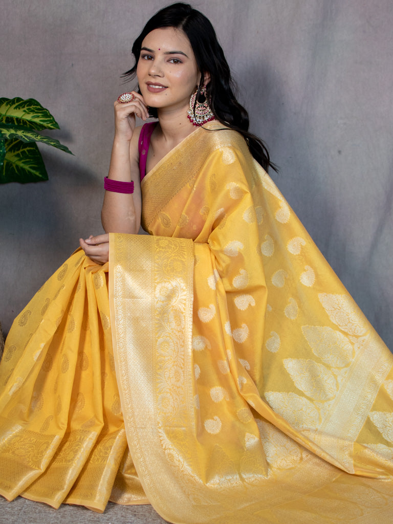 Banarasi Soft Cotton Silk Mix Saree with Paisley Buti-Yellow