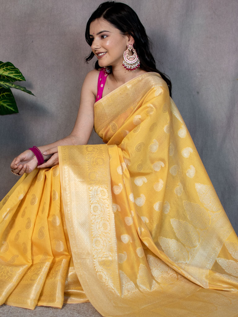 Banarasi Soft Cotton Silk Mix Saree with Paisley Buti-Yellow