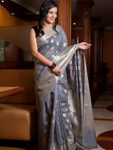 Banarasi Soft Cotton Silk Mix Saree with Paisley Buti-Grey