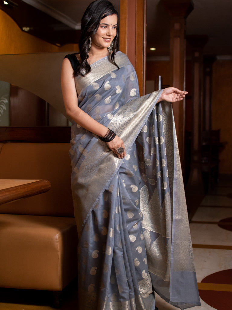 Banarasi Soft Cotton Silk Mix Saree with Paisley Buti-Grey