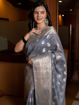 Banarasi Soft Cotton Silk Mix Saree with Paisley Buti-Grey