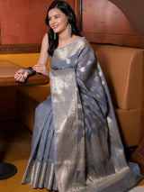 Banarasi Soft Cotton Silk Mix Saree with Paisley Buti-Grey