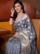 Banarasi Soft Cotton Silk Mix Saree with Paisley Buti-Grey