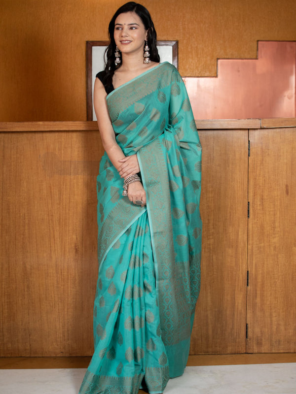 Banarasi Soft Cotton Saree With Resham Buti Weaving-Green