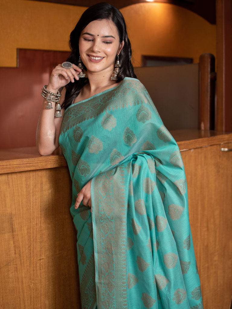 Banarasi Soft Cotton Saree With Resham Buti Weaving-Green
